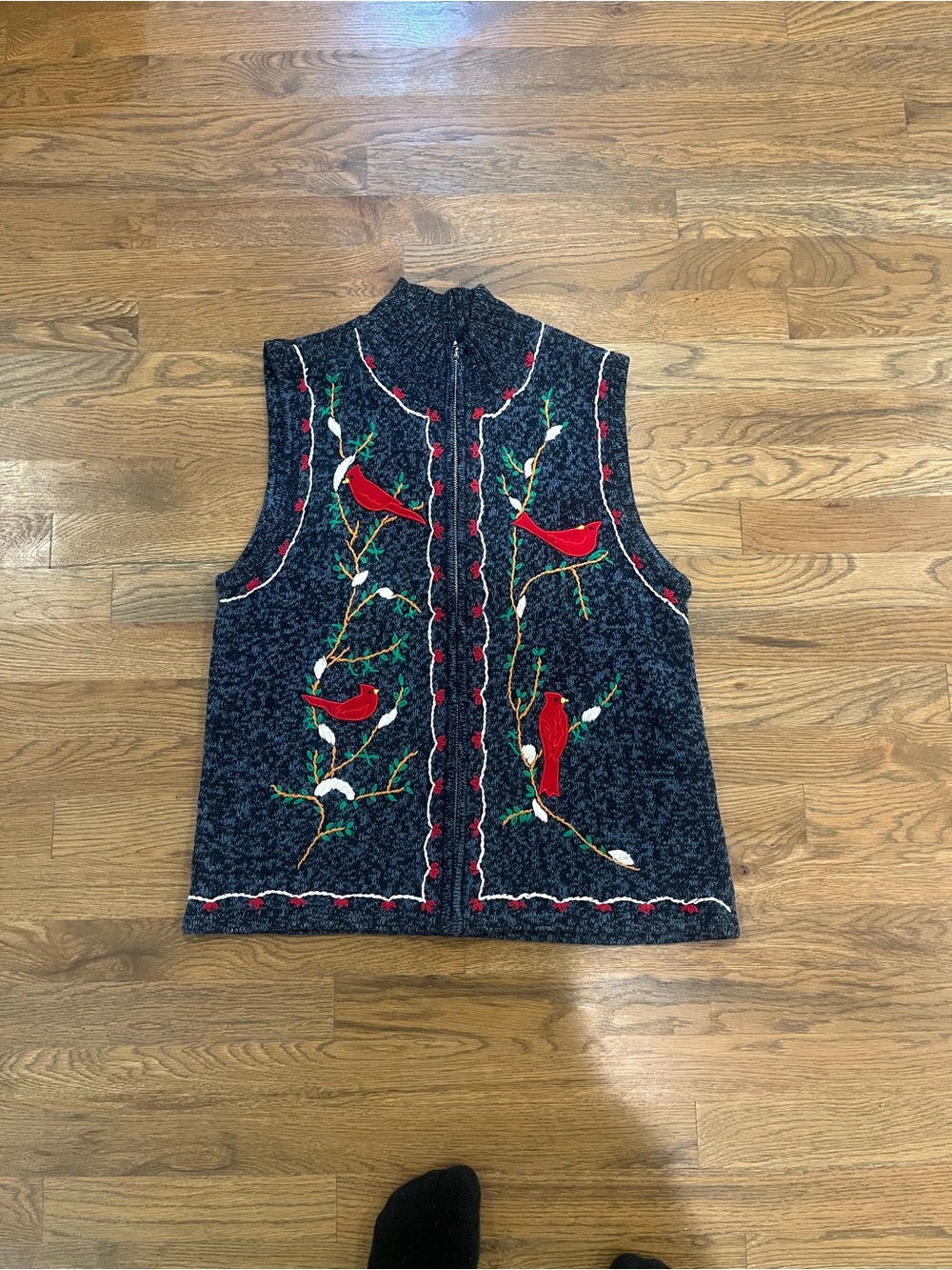 Erika Medium Embroidered Cardinal Bird Navy Knit Vest